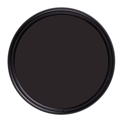 ND8 neutral density camera lens filter with silver aviation aluminium frame, shown next to a lens.
