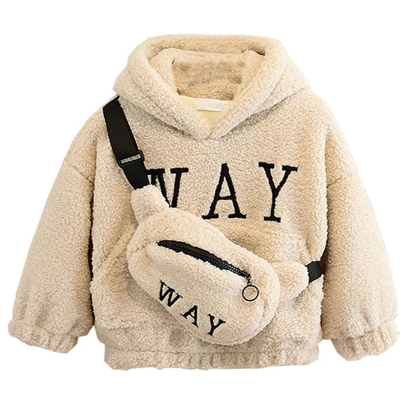 Child wearing a beige hooded fleece jacket with a cartoon print on the front.