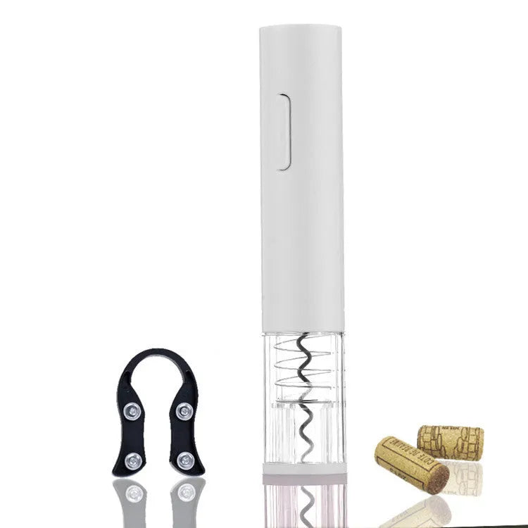 Black electric wine bottle opener with automatic corkscrew and integrated foil cutter on wooden table