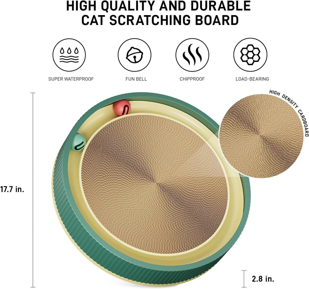 Large green circular cat scratching board with bell balls and replaceable cardboard core
