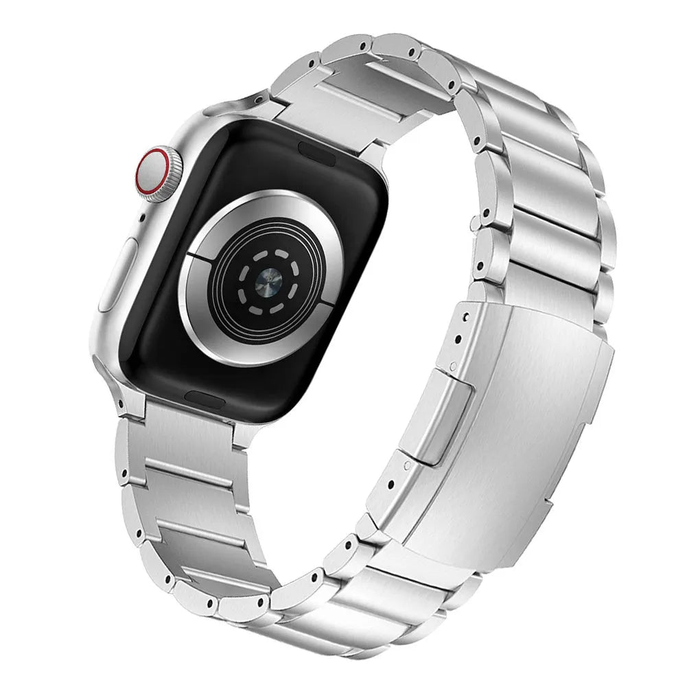 Black titanium alloy Apple Watch replacement band with a folding metal buckle.