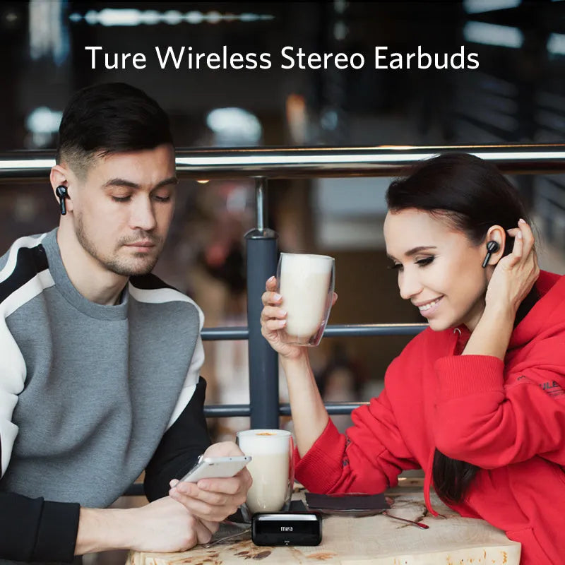 Black and white true wireless earbuds with charging case, showcasing compact plastic design for Bluetooth audio