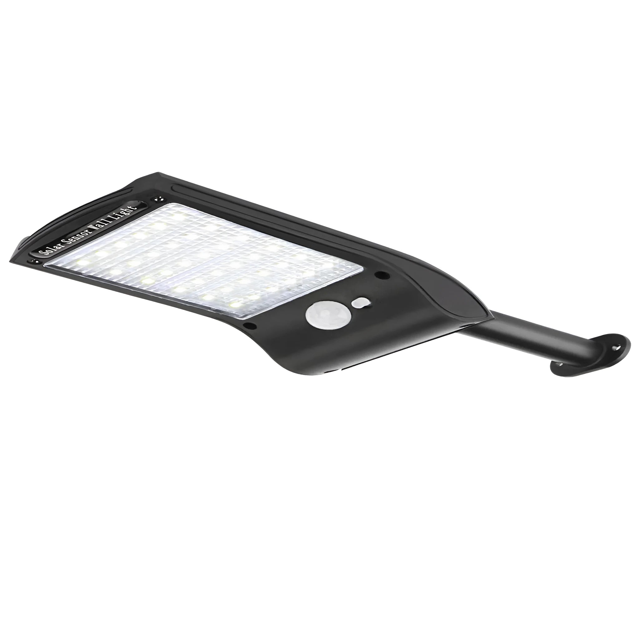 Black solar-powered outdoor wall light with motion sensor, diamond-pattern casing, and adjustable mounting pole.