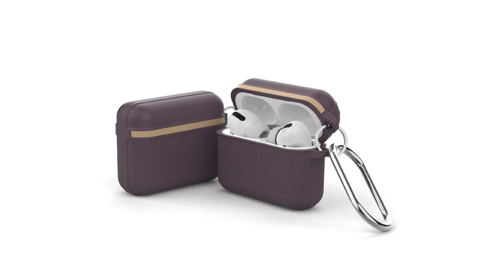 Silicone protective case for Apple AirPods in a clamshell design with a metal buckle attached.