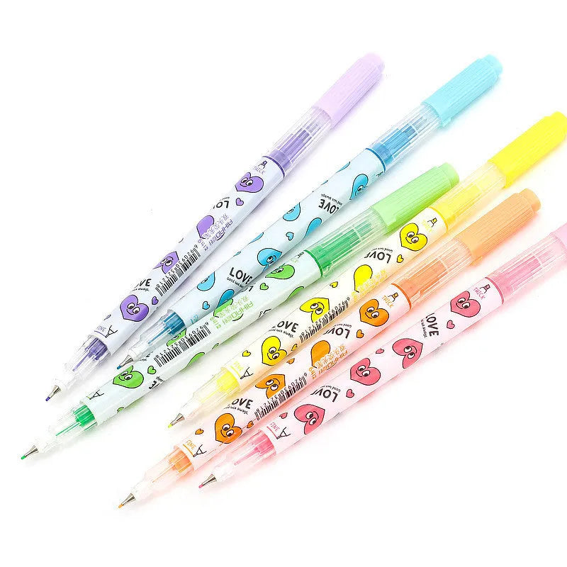 Six double-headed highlighters showing pink, orange, yellow, green, blue, and purple tips, with 15cm body and plug-in design.