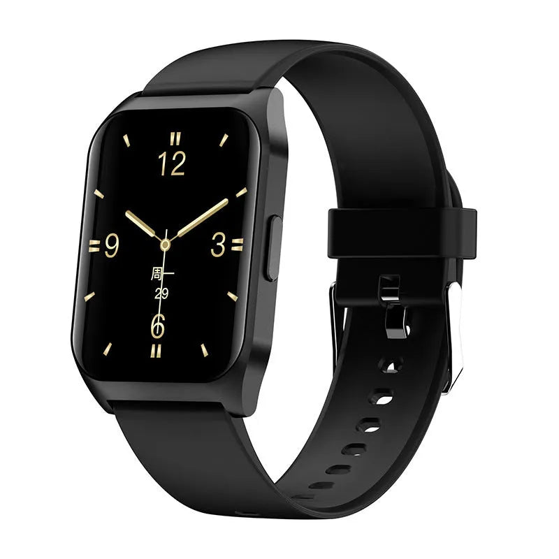 Black and silver smart watch with 1.69-inch touchscreen display and silicone wristband for Bluetooth calls