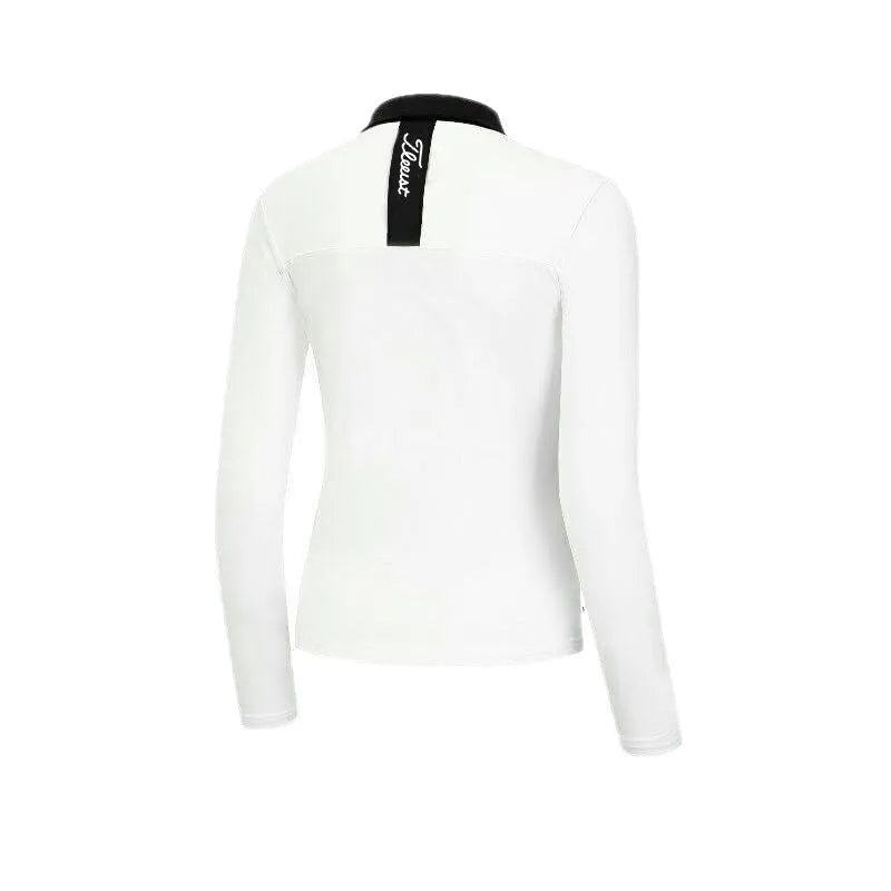 Women's long sleeve golf top in white polyester fabric for sun protection during outdoor sports