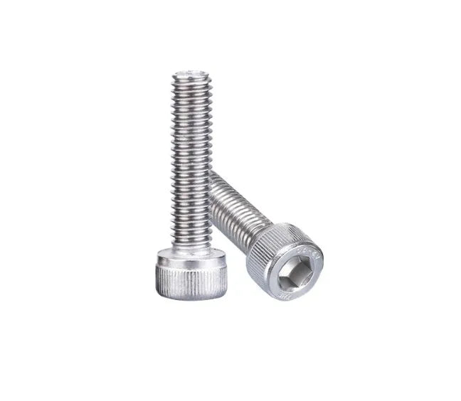 Stainless steel phono cartridge mounting kit with allen bolts, nuts, washers, and two allen keys on a grey background.