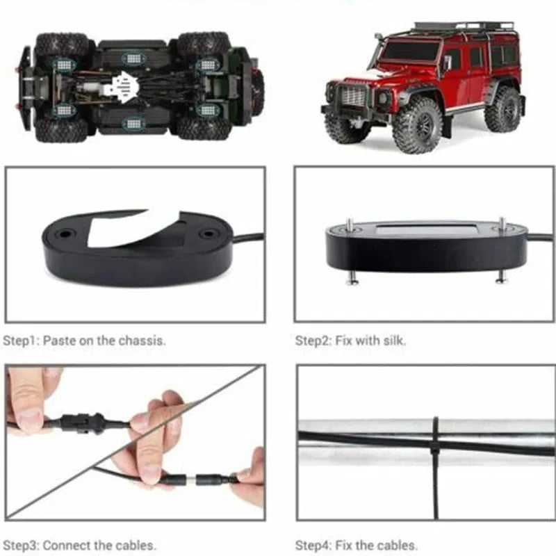 10-pod RGB rock light kit in black, with APP and remote control, IP68 waterproof, installed under a truck showing color options