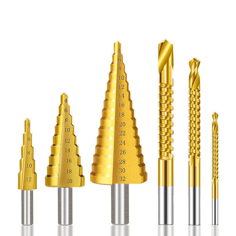 High speed steel cone step drill bit and centre punch set in six colour options for metalworking