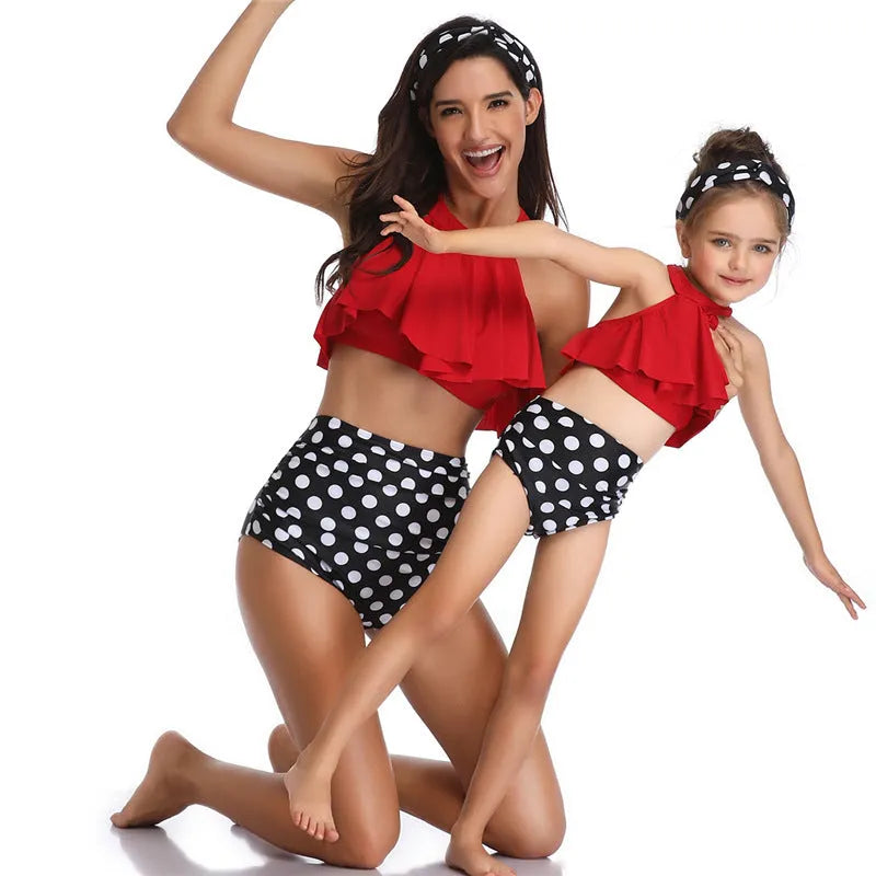 Baby girls women nylon swimsuit in flower orange red child adult sizes with chest pad