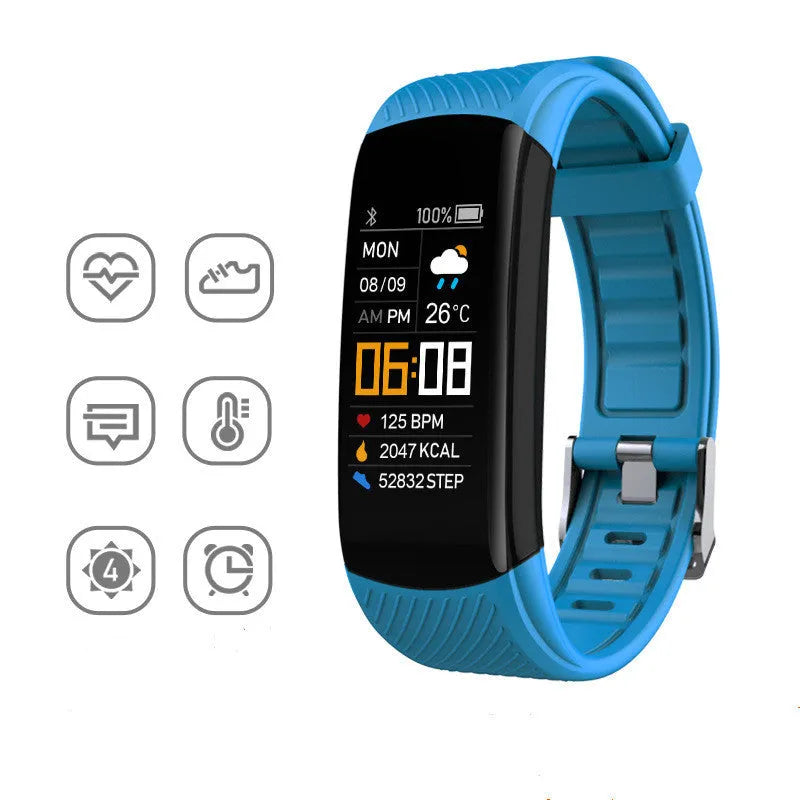C5S model black waterproof smart fitness bracelet with 0.96-inch screen on a wrist.