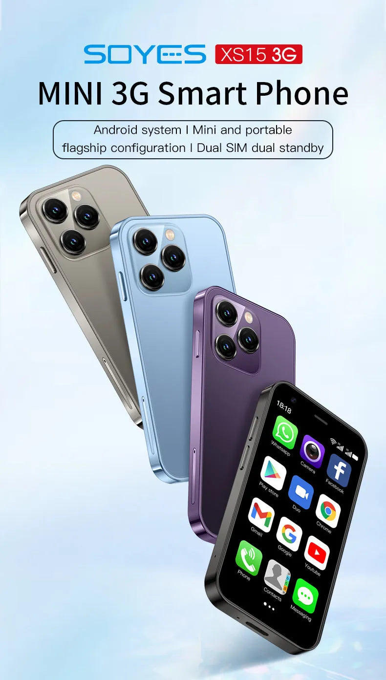 Black, green, and pink purple S23PRO XS15 mini smartphone with 3-inch screen on a straight plate.