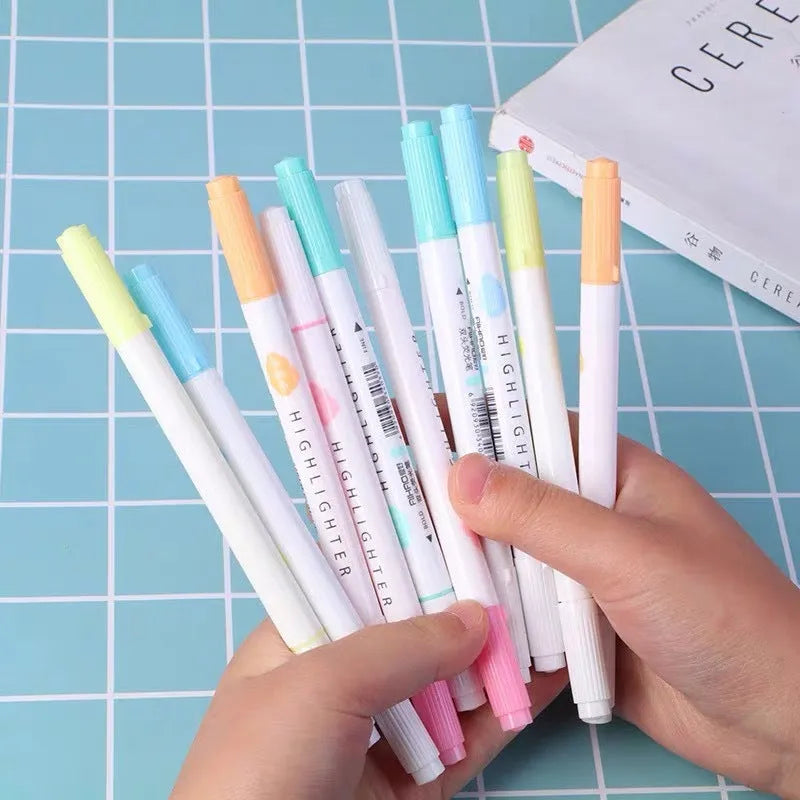 Set of five double-head gel pens with highlighter and writing tips in yellow, pink, green, blue, and orange colours