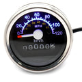 Round black electroplated iron motorcycle mechanical speedometer with dual km/h and MPH scales, 61.5mm diameter, 52mm mounting hole