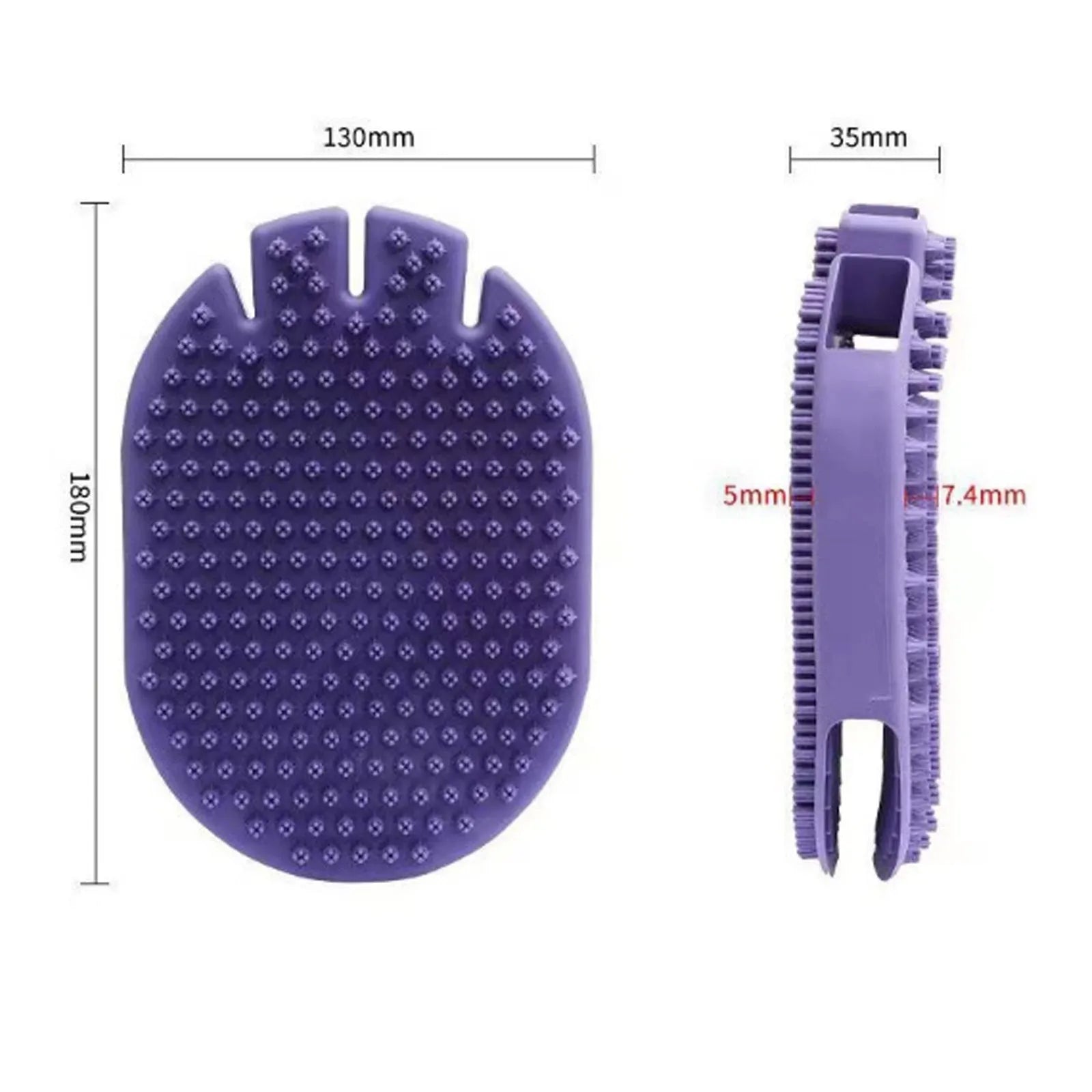 Purple dual-sided pet shampoo massage brush with soft TPR bristles and ergonomic handle