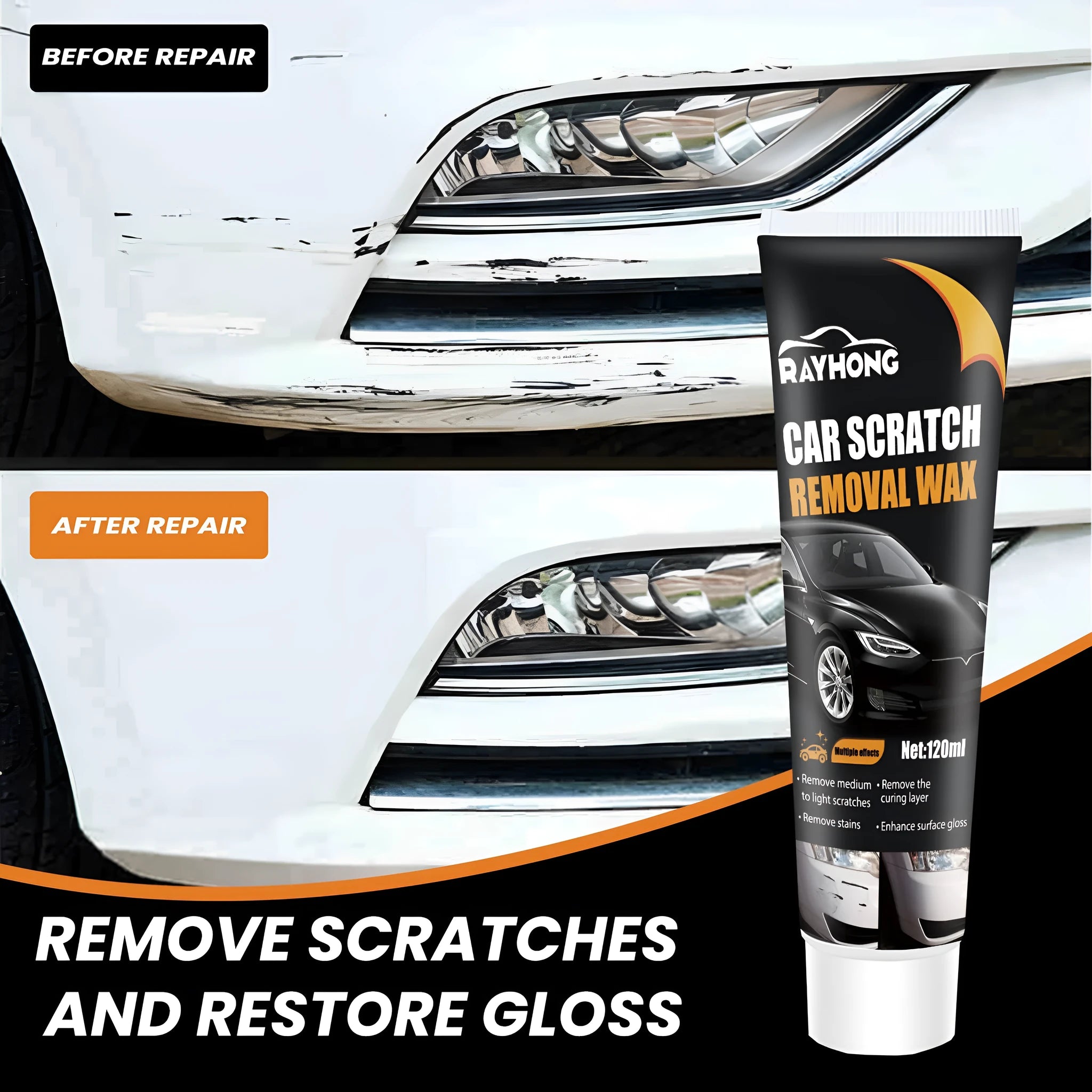 120ml car scratch wax tub with sponge and towel for paint polishing.