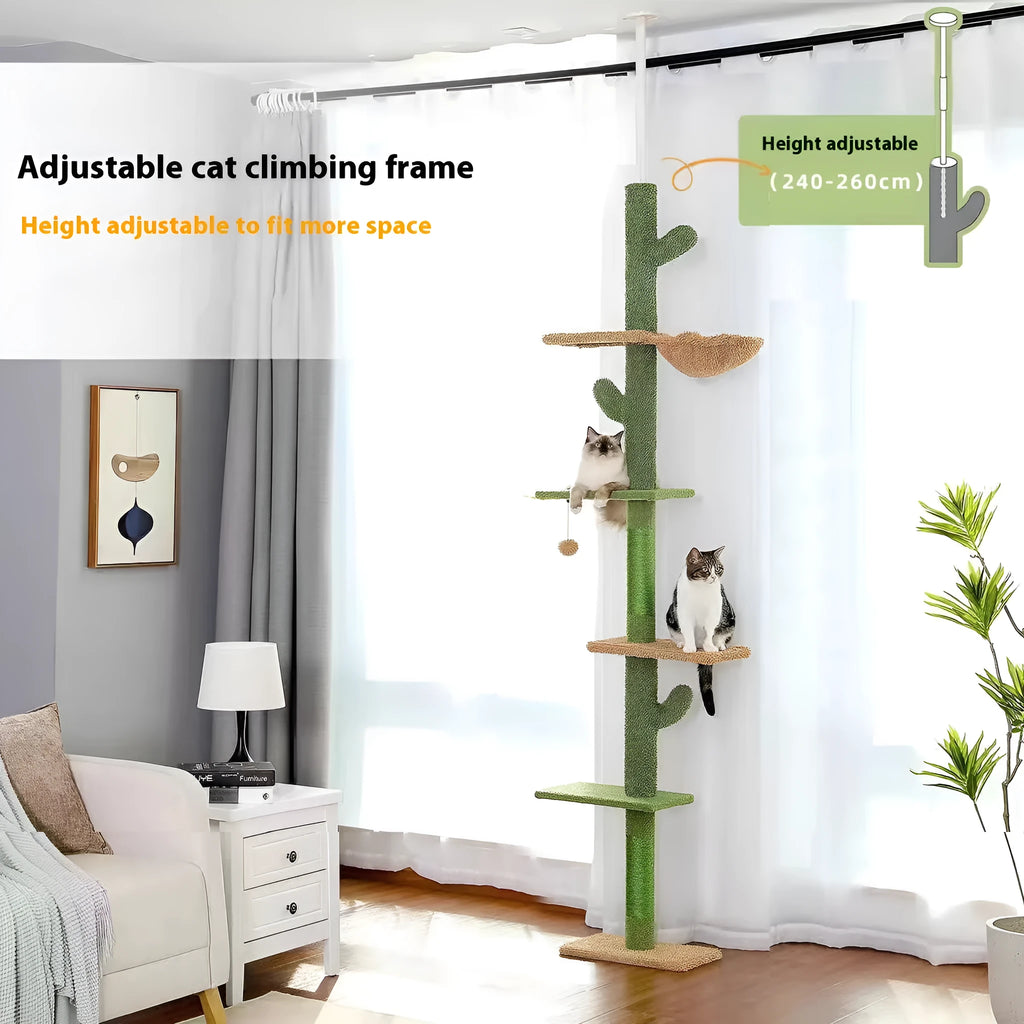 Tall solid wood cat climbing frame with integrated cat nest, scratch board, and hanging toy