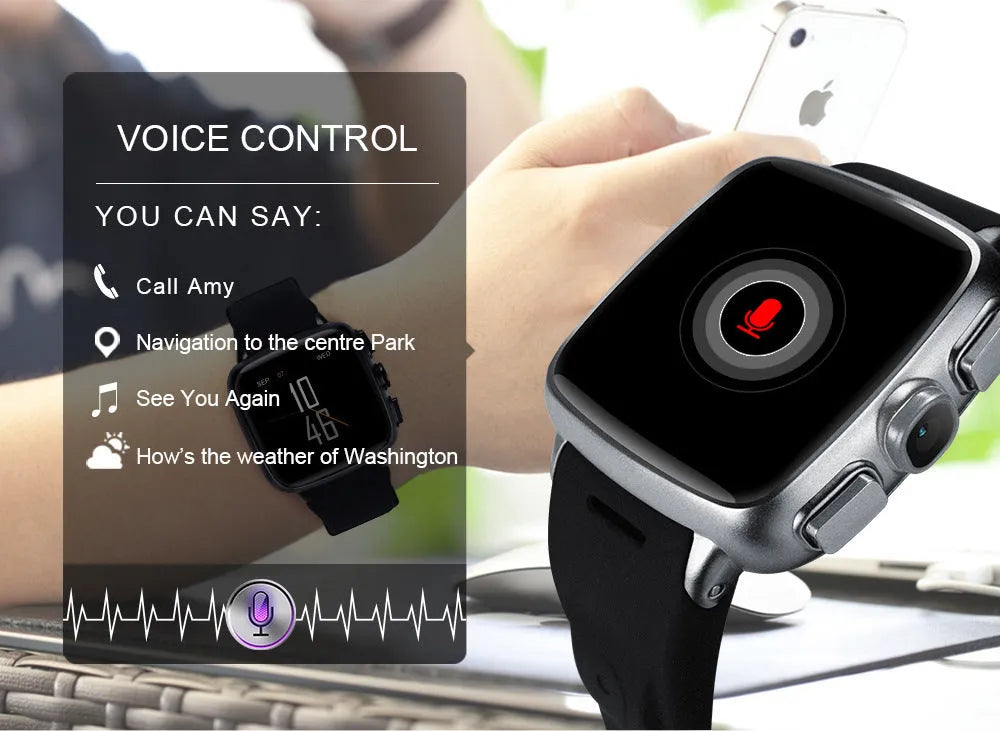 Z01 smart watch in black on a wrist, showing its 1.54-inch touch screen and camera.