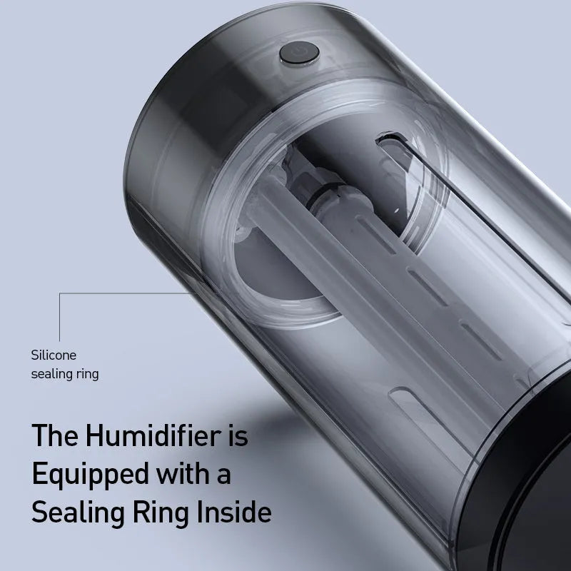 Black aluminium alloy car diffuser humidifier with USB cable, emitting a cool mist for air purification.
