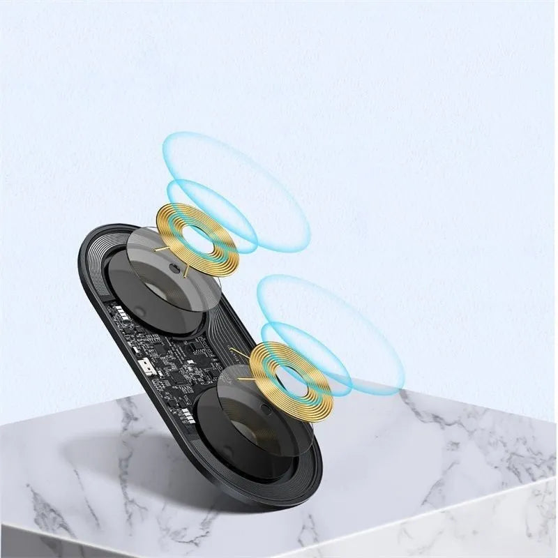 Two-in-one fast wireless charging pad with breathing light, aluminium and glass build, black colour, shown on desk