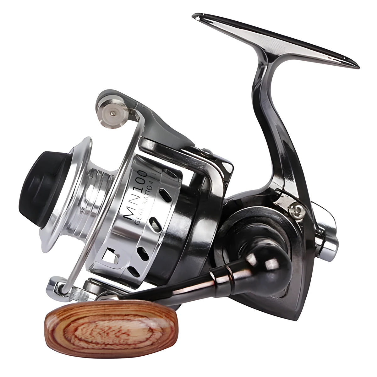 Mini 100 all metal black spinning reel MN100 8cm high with folding wooden rocker arm handle
