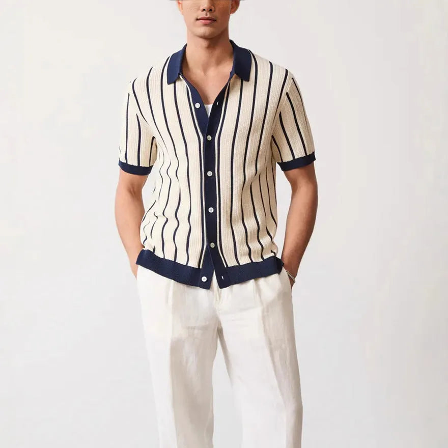 Men's white asymmetric lapel short sleeve knitted top laid flat, showcasing ice silk fabric texture.