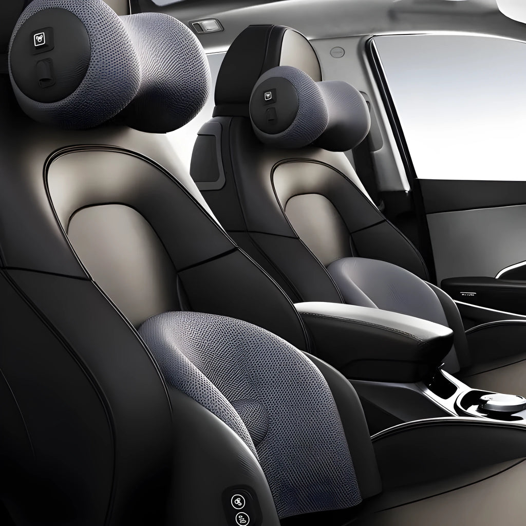 Memory foam car seat massage cushion showing headrest and lumbar support configurations