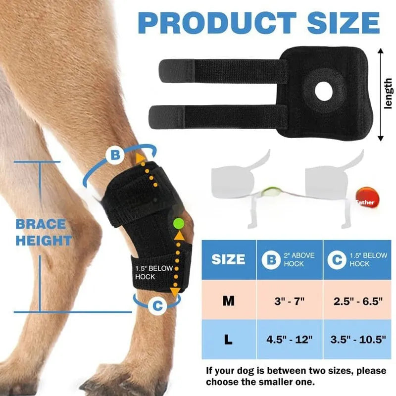 Black polyester pet leg guard for dog or cat joint injury support in sizes L, M, XL.