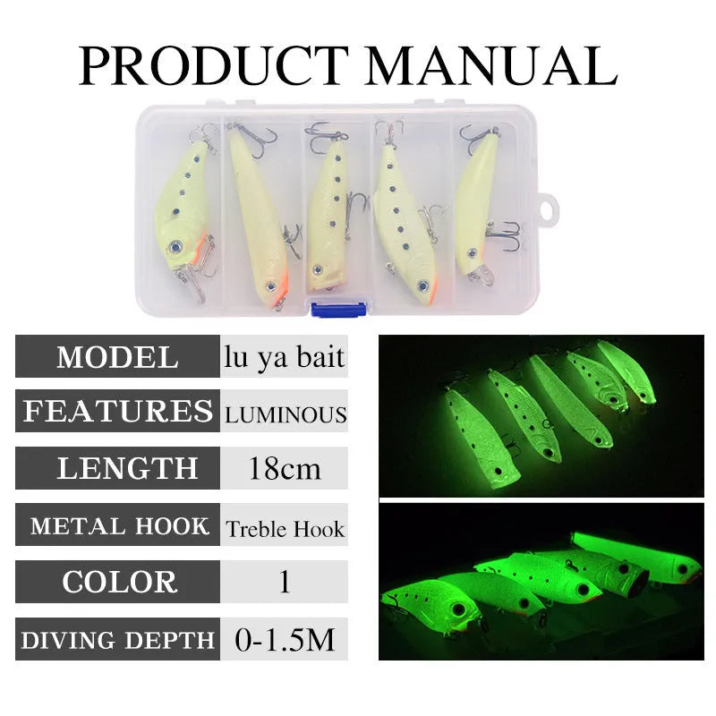 Set of five 3D fluorescent hard bait fishing lures on a blue background.