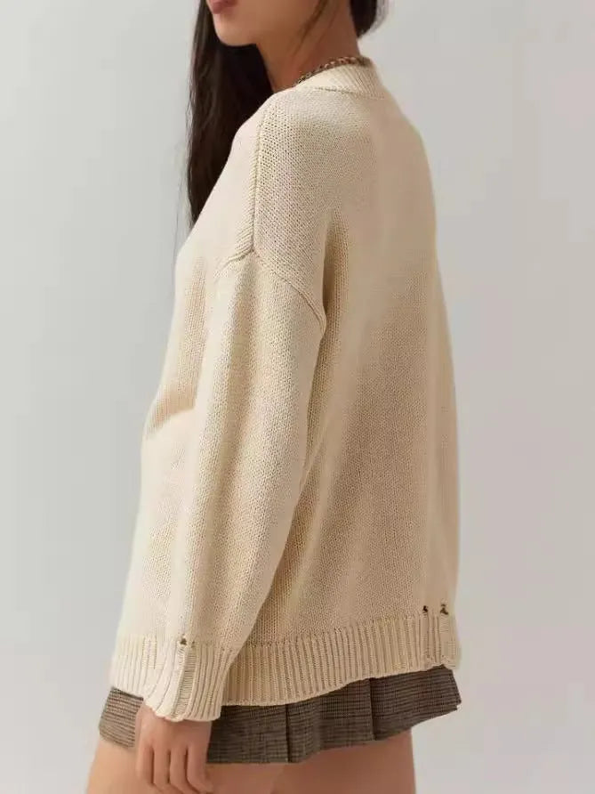 Women's milky white beige acrylic jacquard pullover sweater with round neck and long sleeves