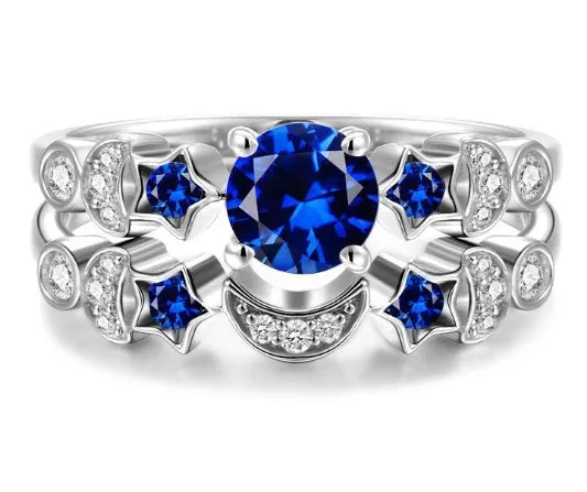 New creative moon ring for women with blue gemstone inlay, available in sizes 6 to 10