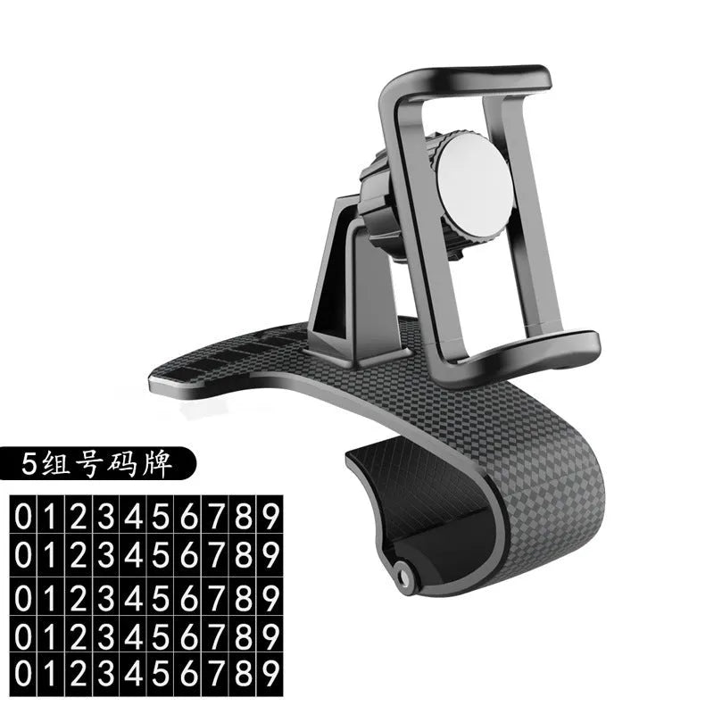 Black car phone stand with 360-degree rotating head and adjustable side grips for smartphones.