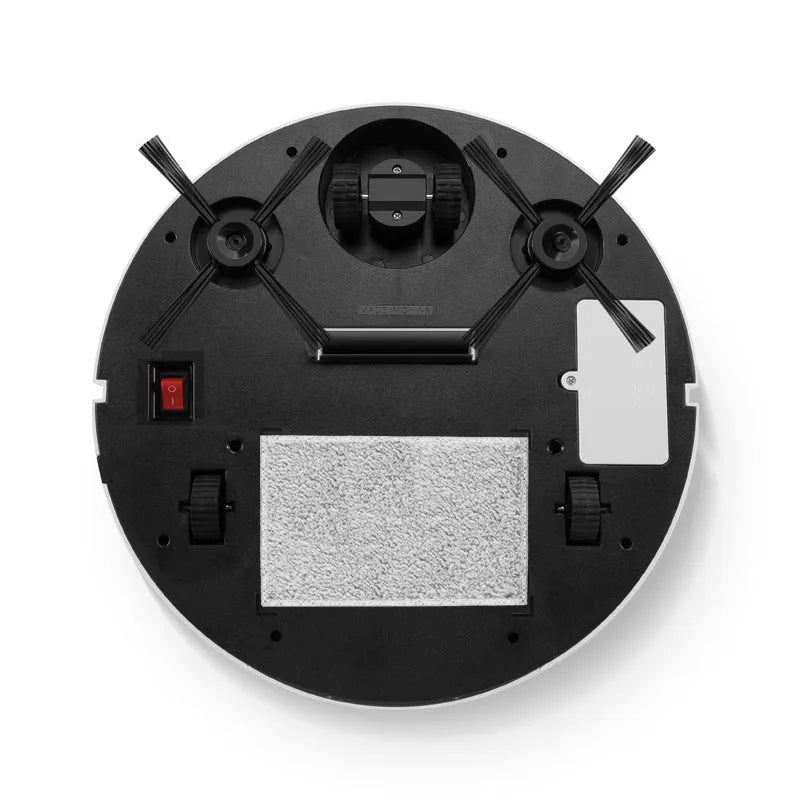 Automatic sweeping robot with 28cm diameter on a hardwood floor.