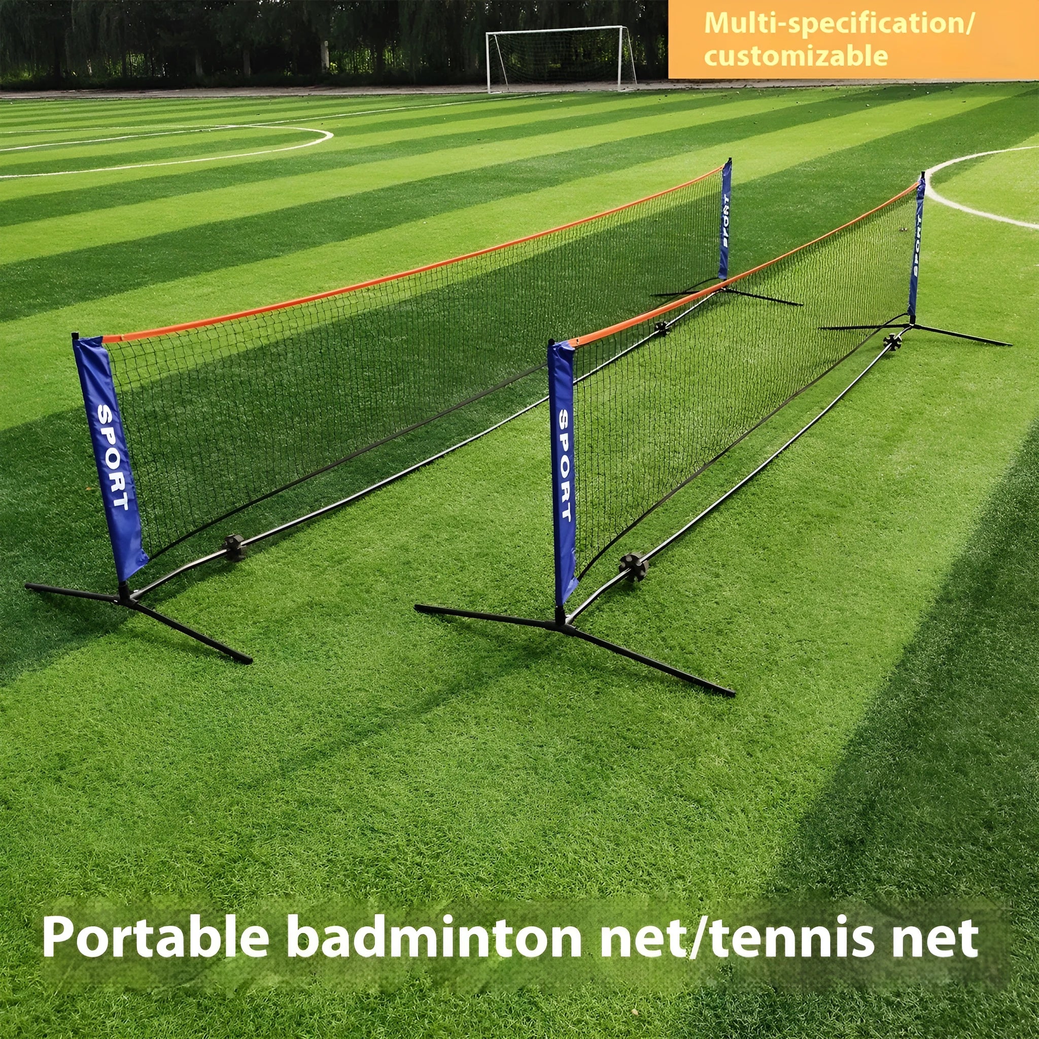 Portable folding badminton bracket support frame and net in four available sizes.