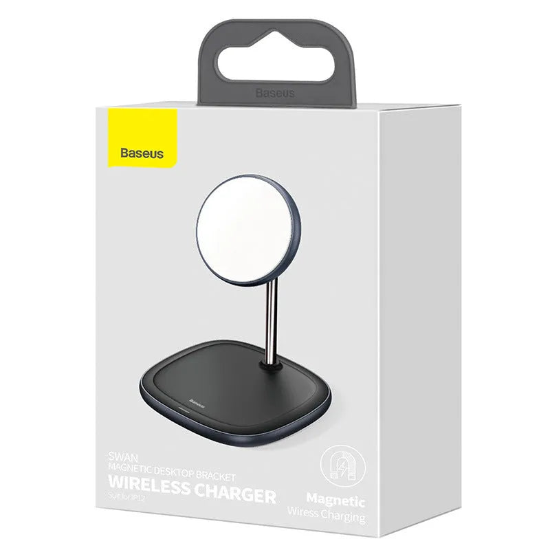Swan black magnetic desktop wireless charging stand for iPhone 12 with included Type-C cable.