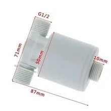 White automatic float valve made of nylon with threaded connection for water pipe installation.