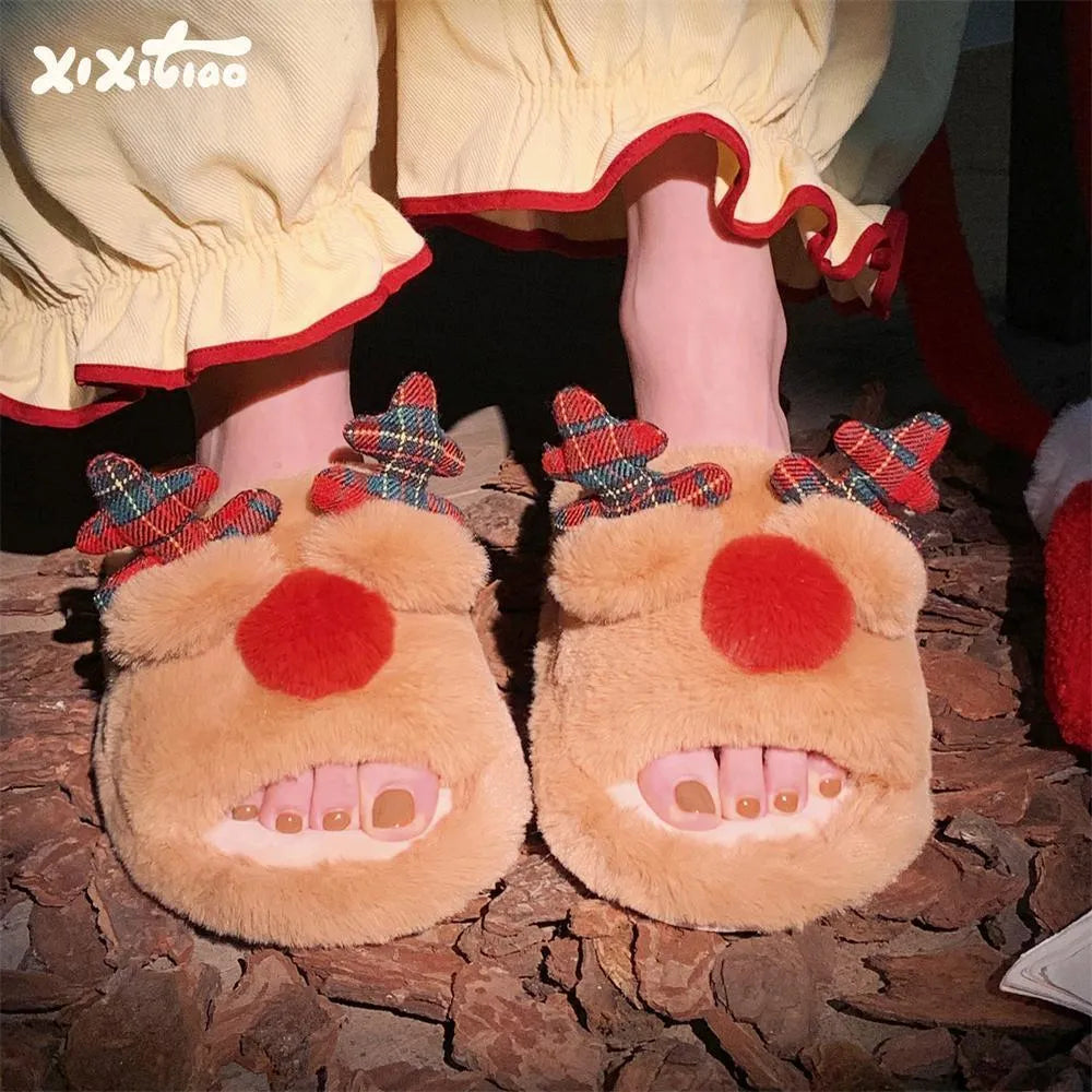 Women's brown suede slippers with cartoon fawn pattern, flip-flop style with PVC sole