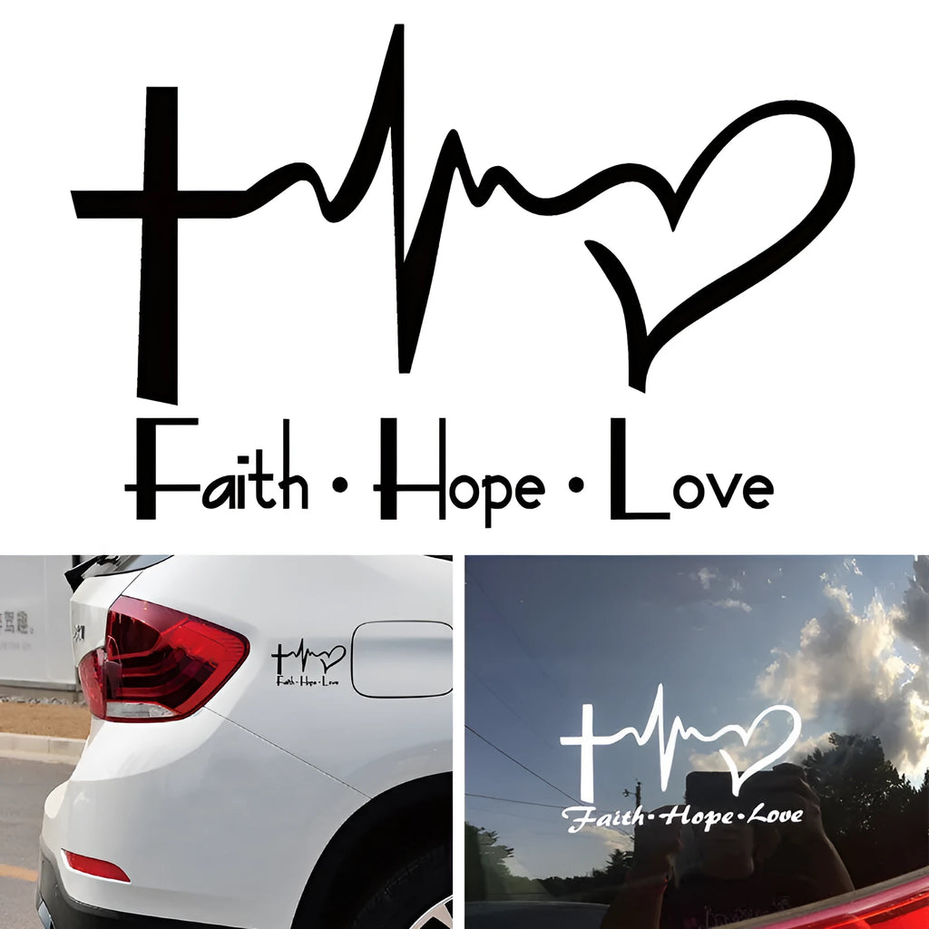 Faith hope love plus wall sticker in black PVC decal 14.6x9cm on a light wall