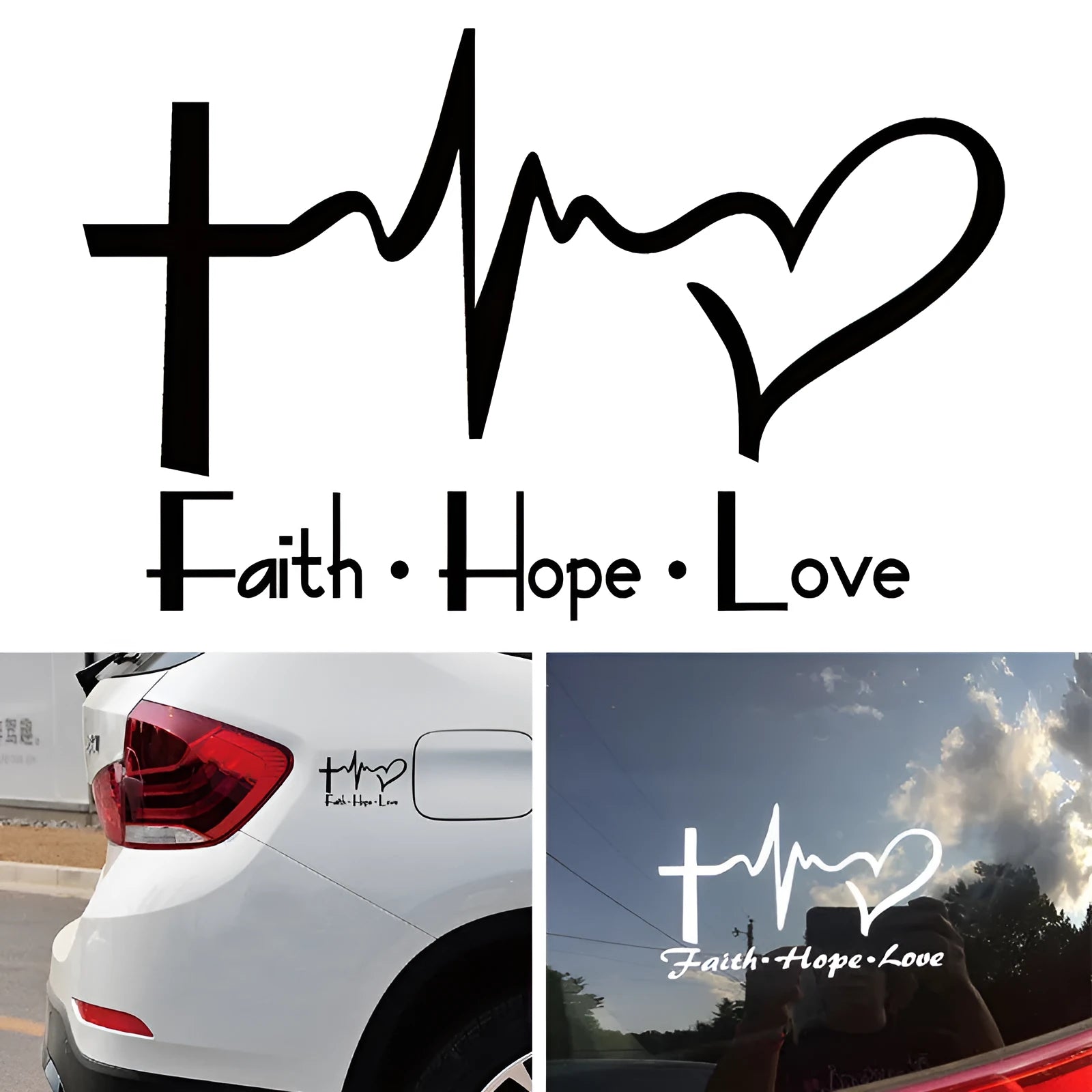 Faith hope love plus wall sticker in black PVC decal 14.6x9cm on a light wall
