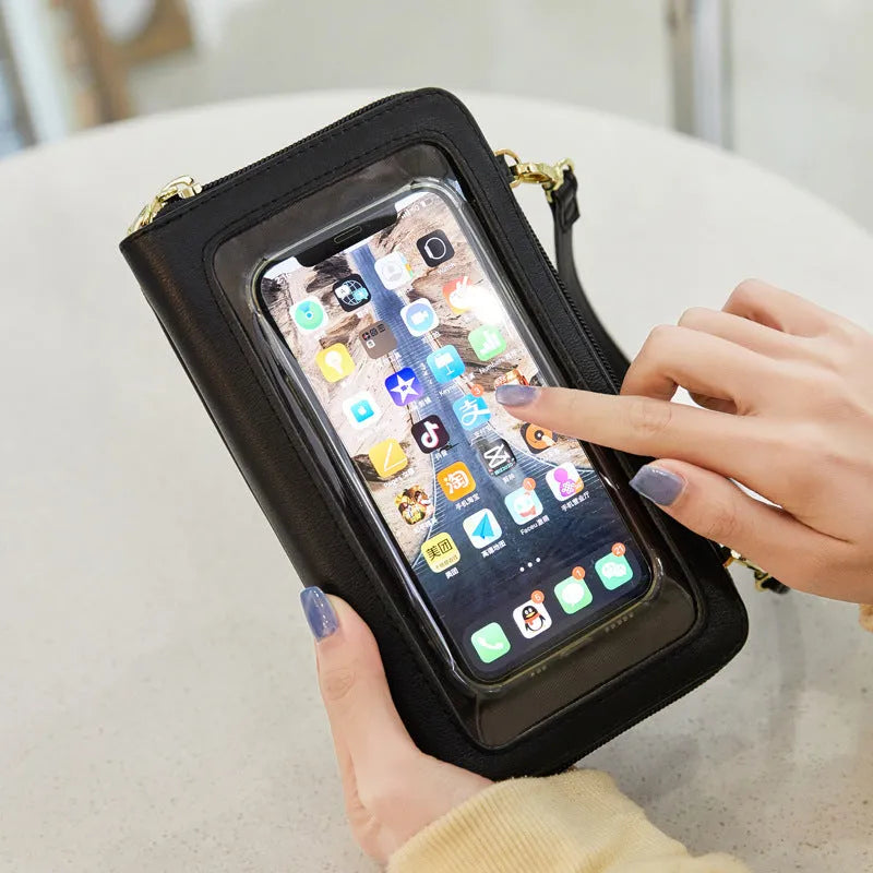Touch screen phone bag crossbody anti-theft swiping long wallet in PU leather, 20.5x5x12 cm, available in multiple colours