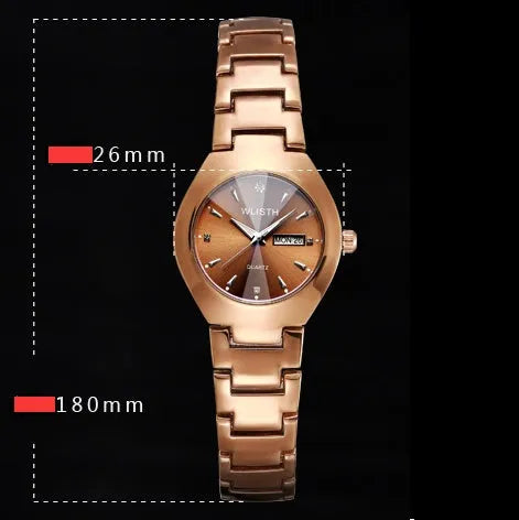 Coffee gold luminous couple watch with alloy strap and quartz movement on a light background