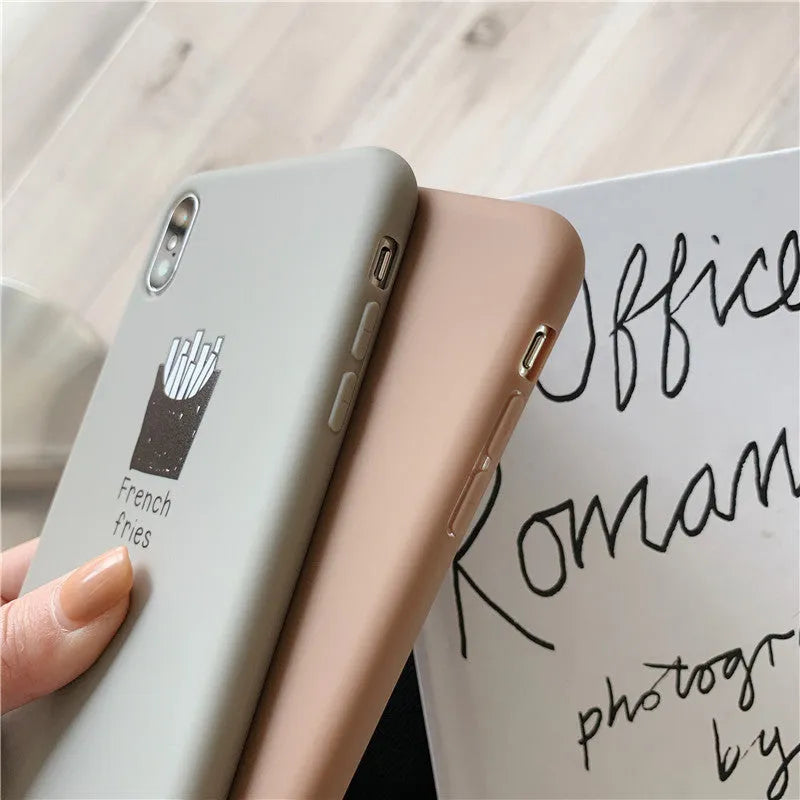 Soft matte silicone iPhone case showing cute ice coffee and french fries couple patterns.