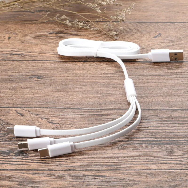 Three-in-one data cable with three split connectors, 1m length, noodle-style cable, black colour