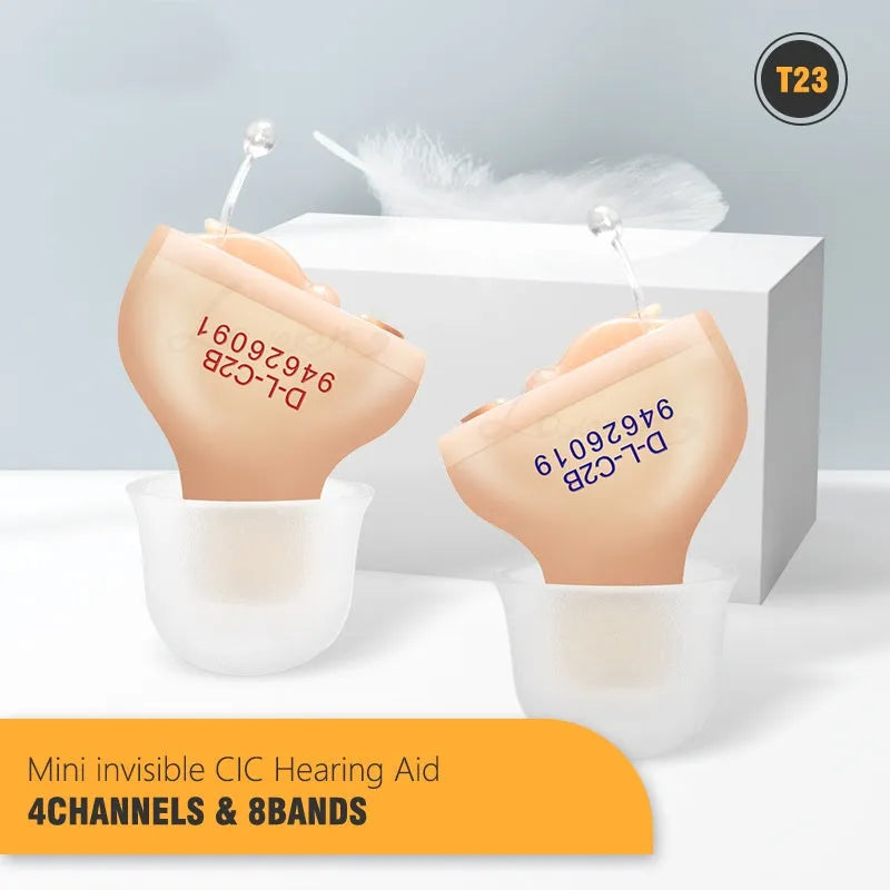Mini completely-in-the-canal T23 hearing aid unit with selection of ear dome sizes.