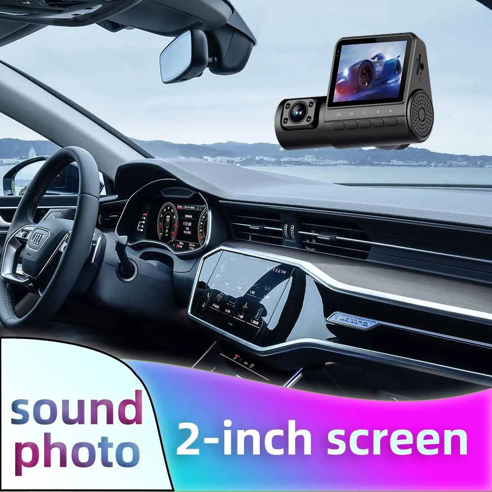 Black 1080P car dash cam with touch screen and wide-angle lens for vehicle recording