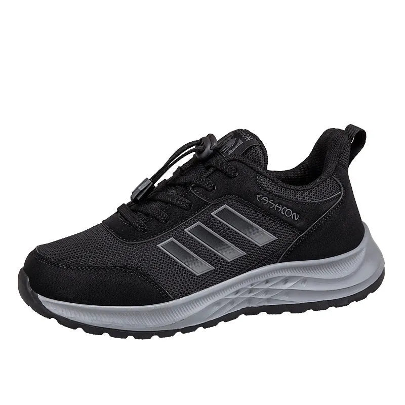 Men's and women's black mesh elastic slip-on mom shoes on a plain background