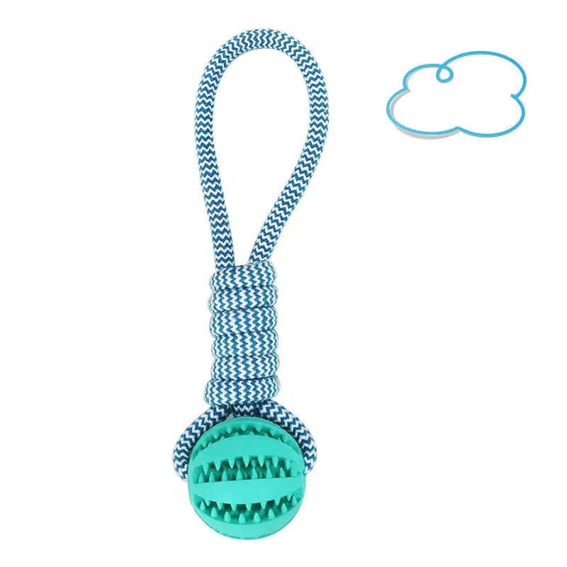 Interactive dog toy ball with cotton rope and rubber ball in twist shape, 25 cm, blue colour