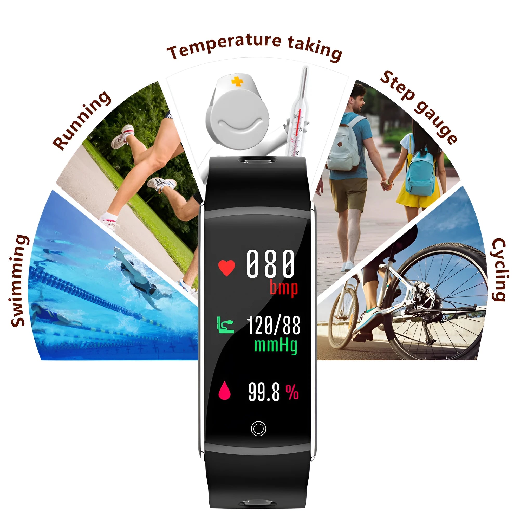 F10T smart bracelet with 0.96-inch colour touch screen on a black silicone wrist strap, showing body temperature display.