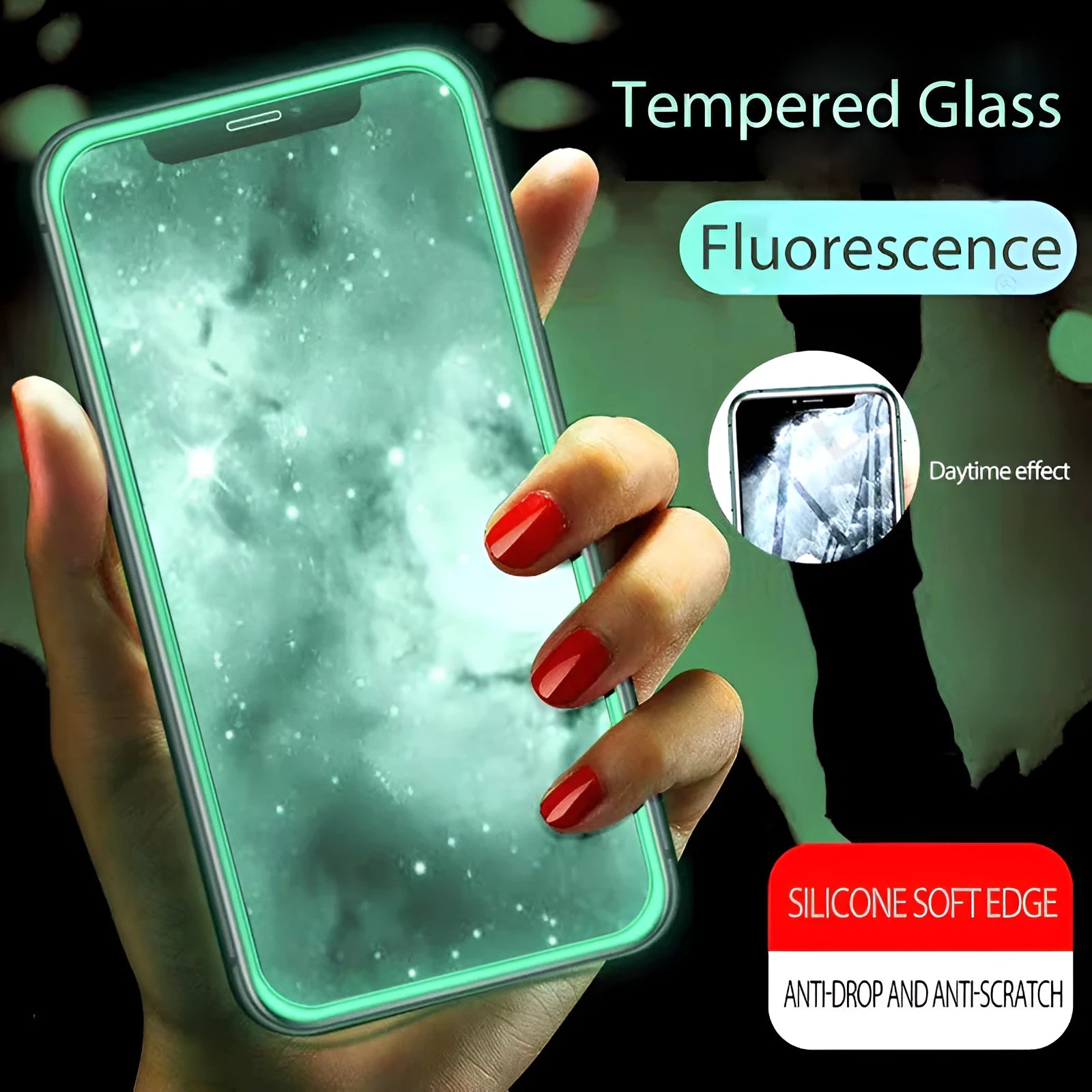 Luminous tempered glass screen protector for iPhone with glowing edges in dark setting